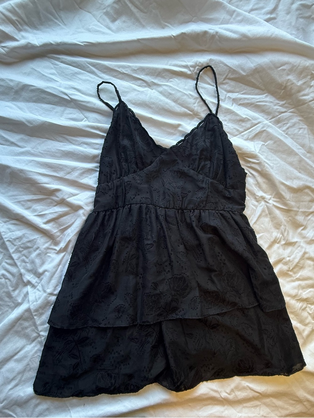 Wild Fable Black Floral Eyelet Tiered Babydoll Mini Dress L